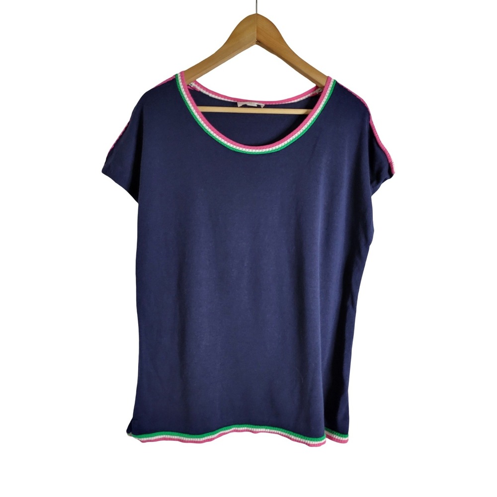 Belle by Kim Gravel Navy Short Sleeve Sweater Striped Trim Womens Large Preppy